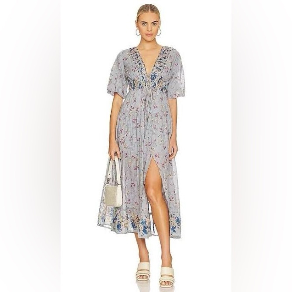 Free People Lysette Maxi Dress blue floral gray missing slip Medium